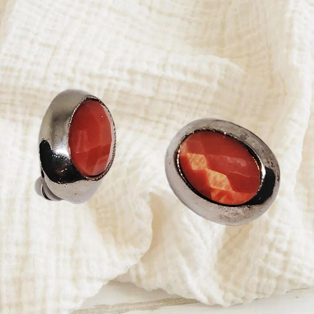 Silver Tone Clip-on Earrings with Orange Faceted Faux Stone